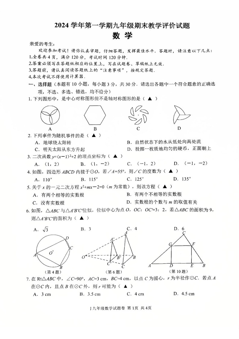 浙江省台州市2024—-2025学年九年级上学期期末数学卷第1页