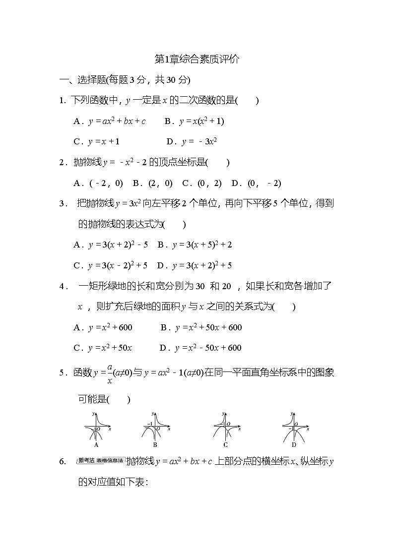 第1章 二次函数 综合素质评价卷（含答案）2025-2026学年华湘教版九年级数学下册第1页