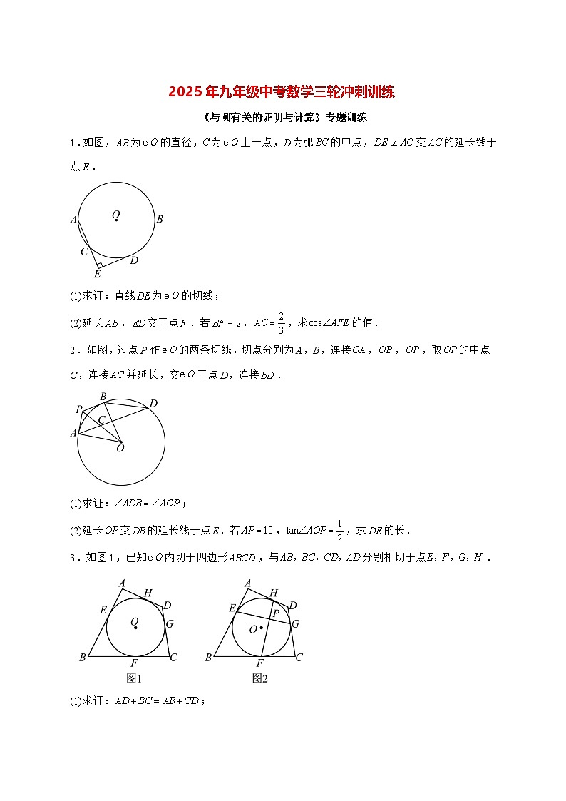 2025年九年级（中考数学）第三轮冲刺训练与圆有关的证明与计算专题训练 [有答案]第1页