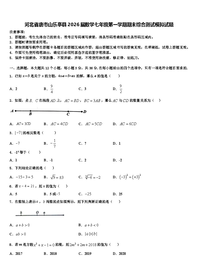 河北省唐市山乐亭县2026届数学七年级第一学期期末综合测试模拟试题含解析第1页