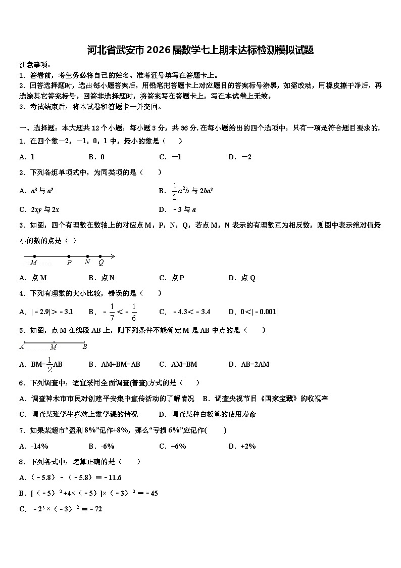 河北省武安市2026届数学七上期末达标检测模拟试题含解析第1页