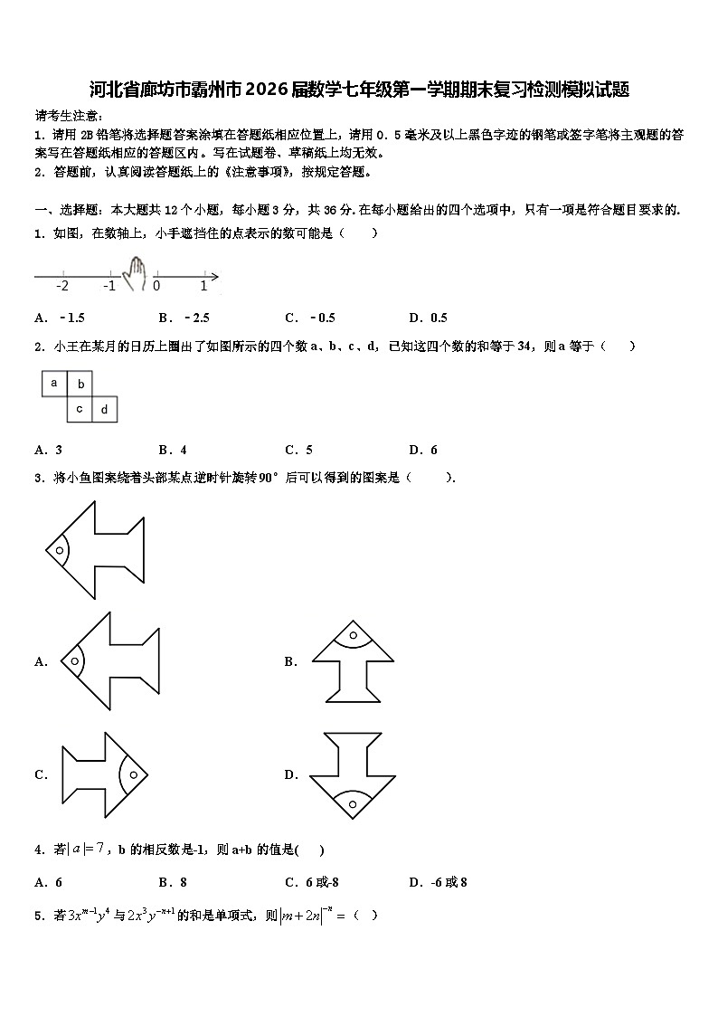 河北省廊坊市霸州市2026届数学七年级第一学期期末复习检测模拟试题含解析第1页