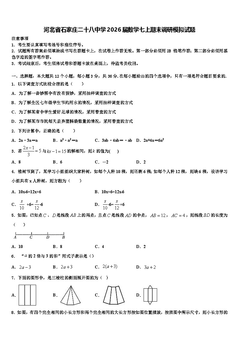 河北省石家庄二十八中学2026届数学七上期末调研模拟试题含解析第1页