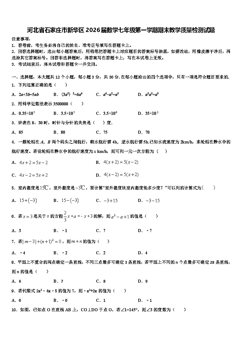 河北省石家庄市新华区2026届数学七年级第一学期期末教学质量检测试题含解析第1页
