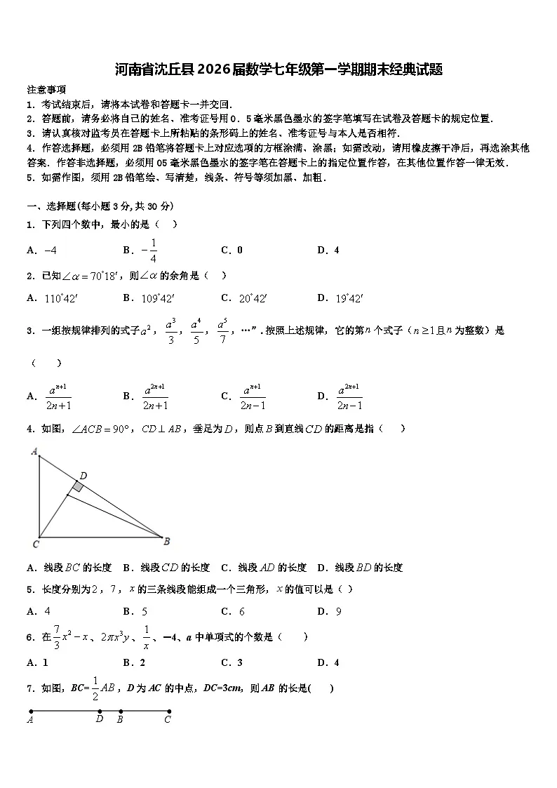河南省沈丘县2026届数学七年级第一学期期末经典试题含解析第1页