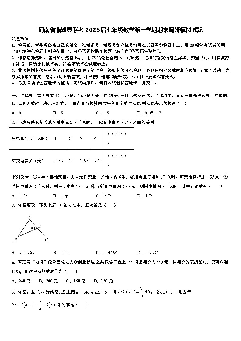 河南省临颍县联考2026届七年级数学第一学期期末调研模拟试题含解析第1页