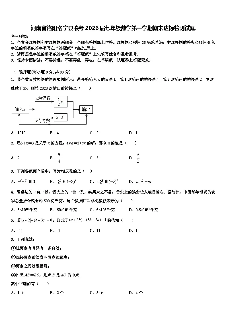 河南省洛阳洛宁县联考2026届七年级数学第一学期期末达标检测试题含解析第1页