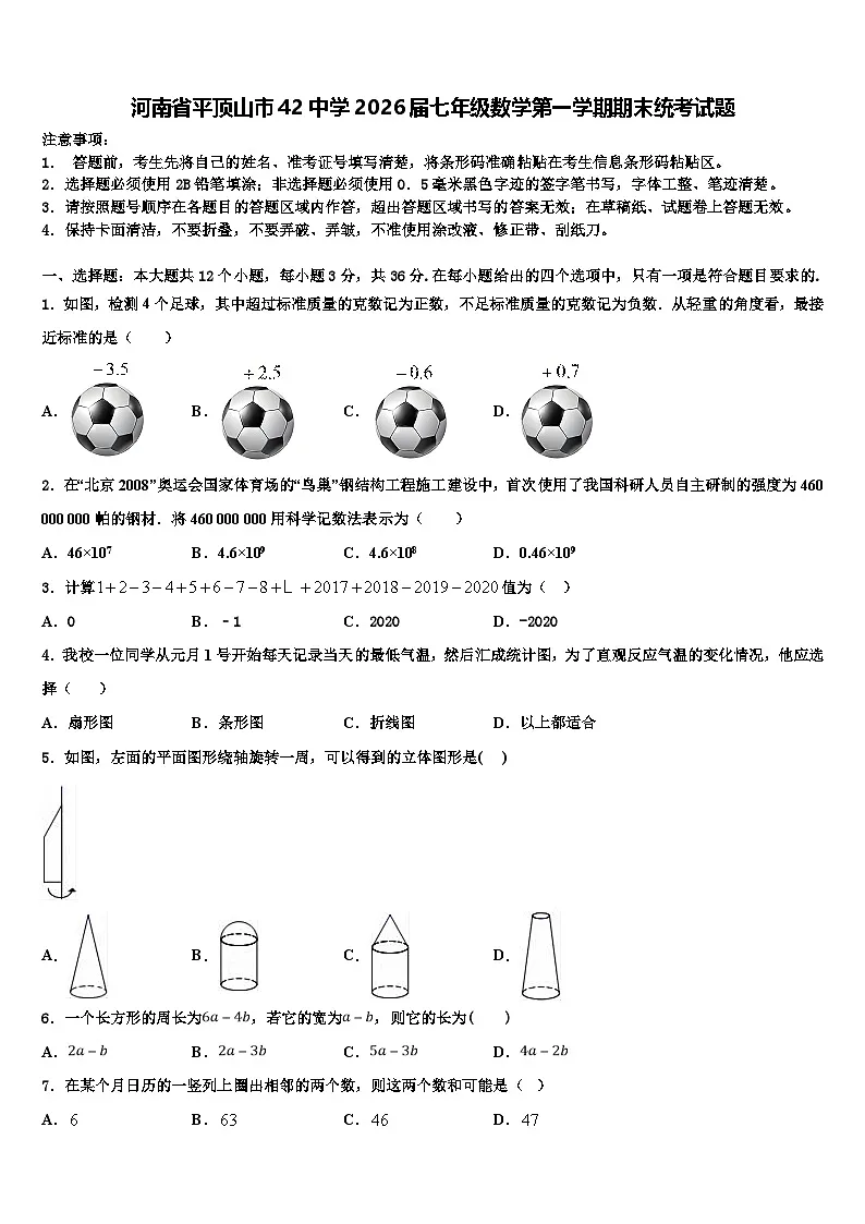 河南省平顶山市42中学2026届七年级数学第一学期期末统考试题含解析第1页