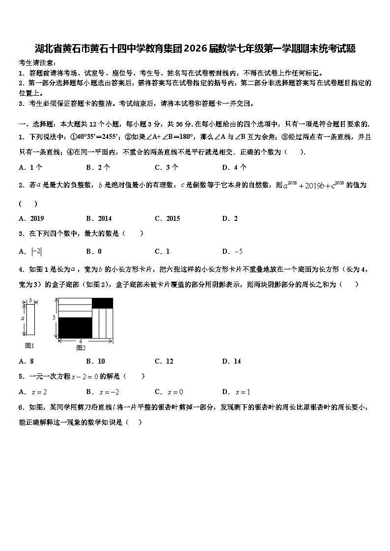 湖北省黄石市黄石十四中学教育集团2026届数学七年级第一学期期末统考试题含解析第1页