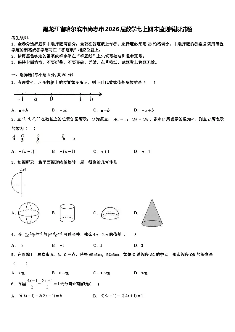 黑龙江省哈尔滨市尚志市2026届数学七上期末监测模拟试题含解析第1页