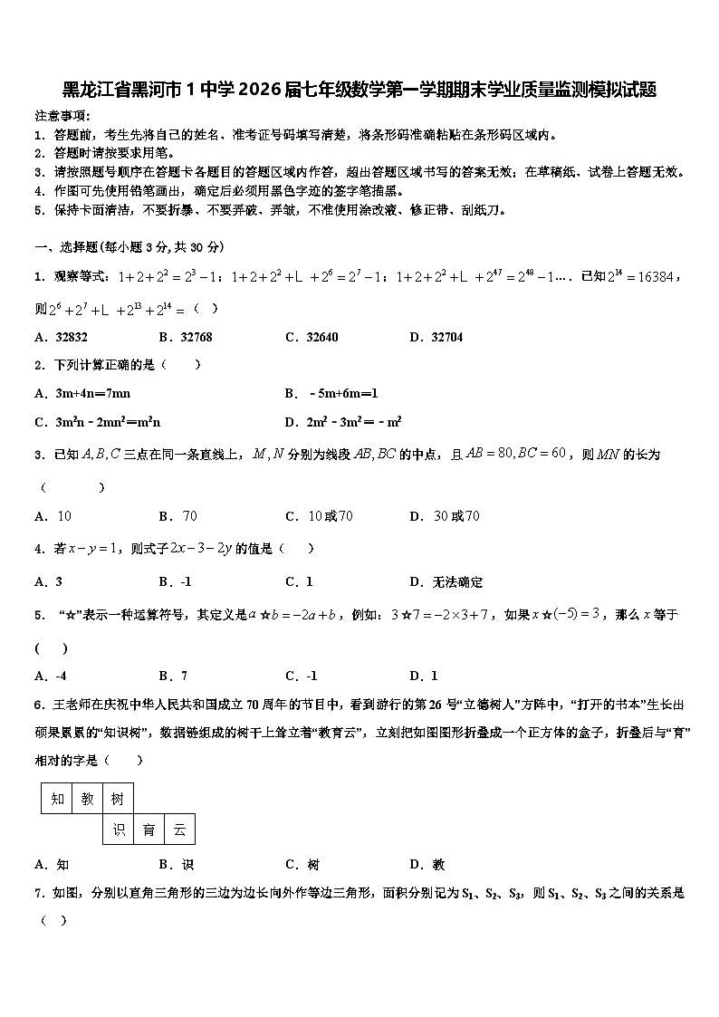黑龙江省黑河市1中学2026届七年级数学第一学期期末学业质量监测模拟试题含解析第1页