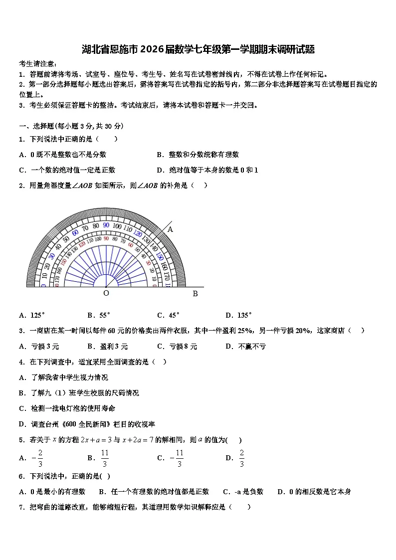 湖北省恩施市2026届数学七年级第一学期期末调研试题含解析第1页