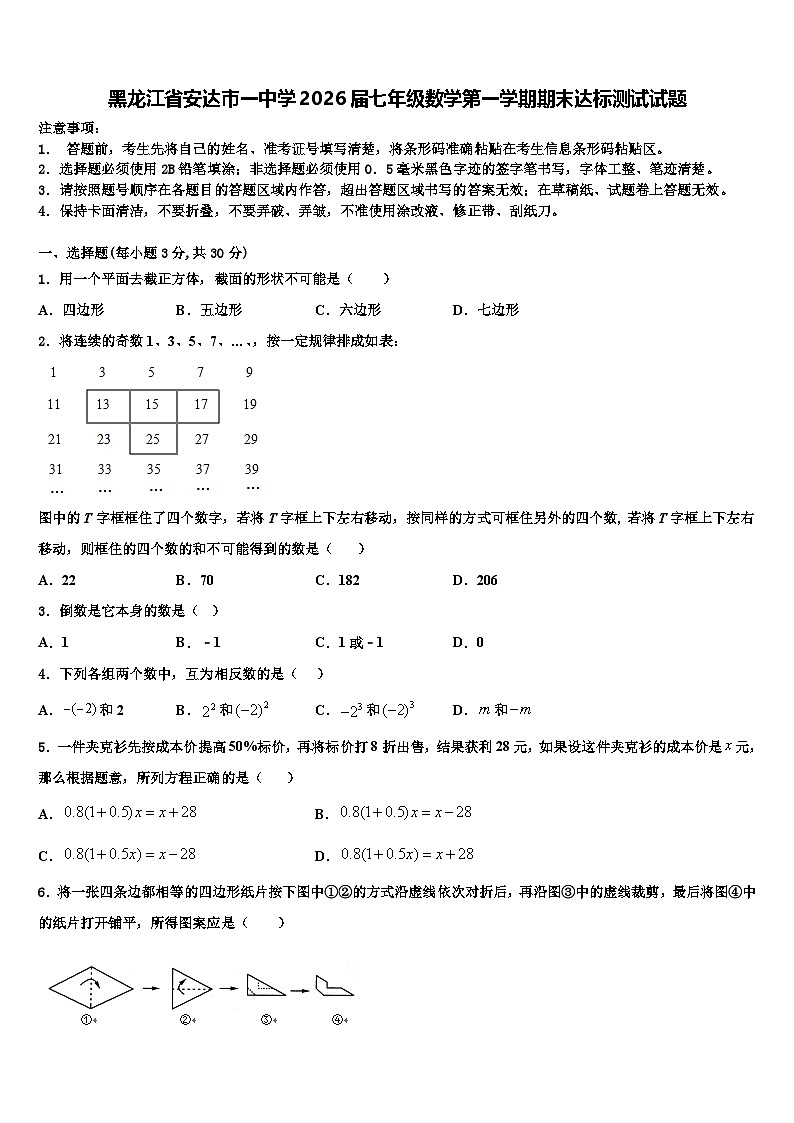 黑龙江省安达市一中学2026届七年级数学第一学期期末达标测试试题含解析第1页