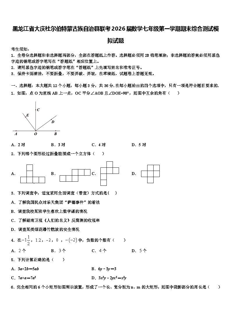 黑龙江省大庆杜尔伯特蒙古族自治县联考2026届数学七年级第一学期期末综合测试模拟试题含解析第1页