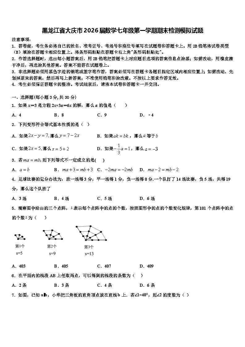 黑龙江省大庆市2026届数学七年级第一学期期末检测模拟试题含解析第1页