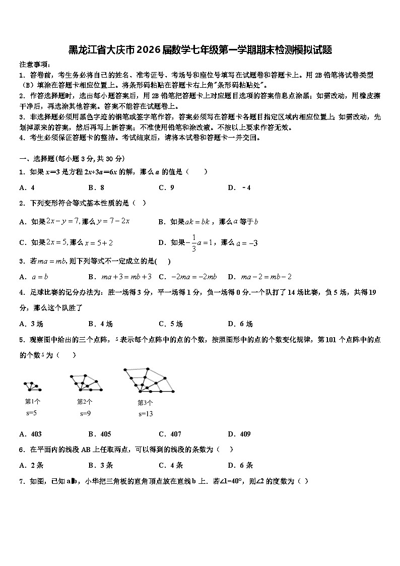 黑龙江省大庆市2026届数学七年级第一学期期末检测模拟试题含解析第1页