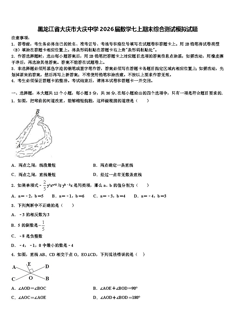 黑龙江省大庆市大庆中学2026届数学七上期末综合测试模拟试题含解析第1页