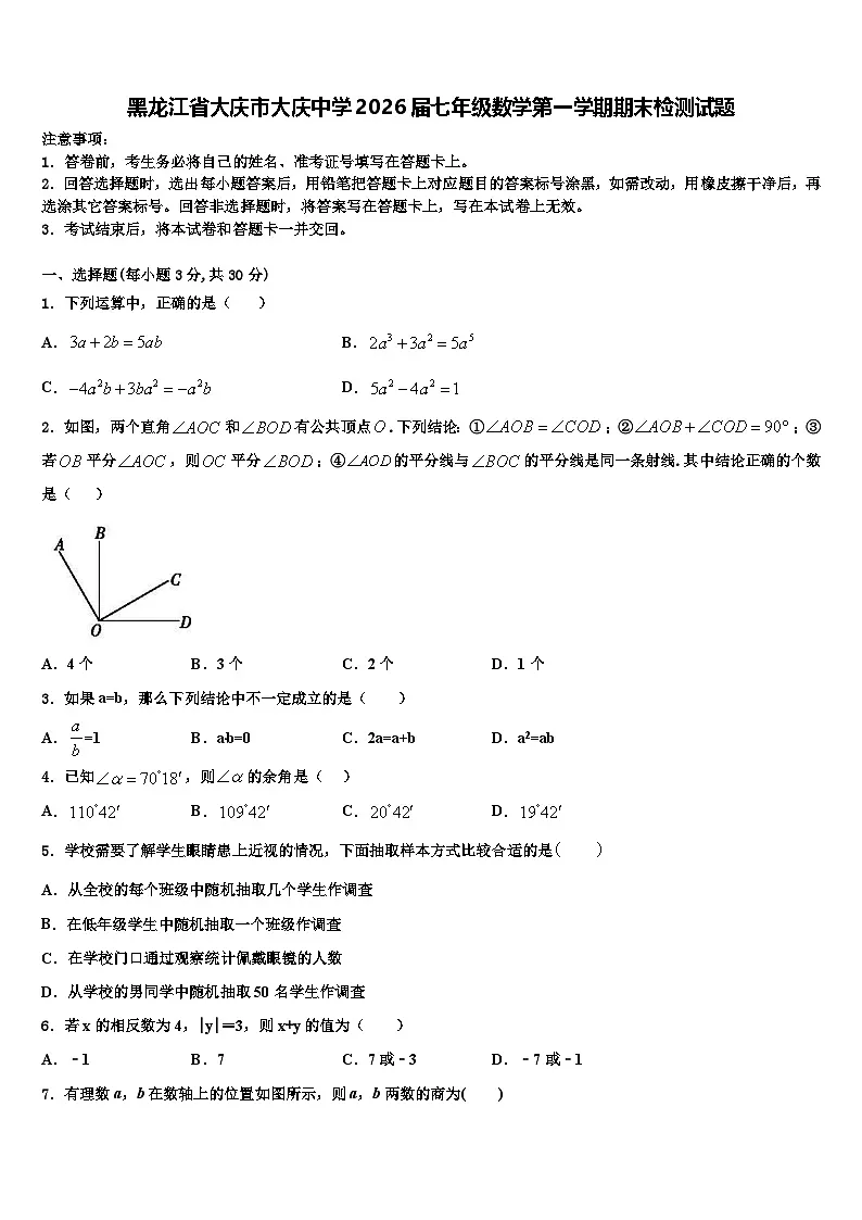黑龙江省大庆市大庆中学2026届七年级数学第一学期期末检测试题含解析第1页