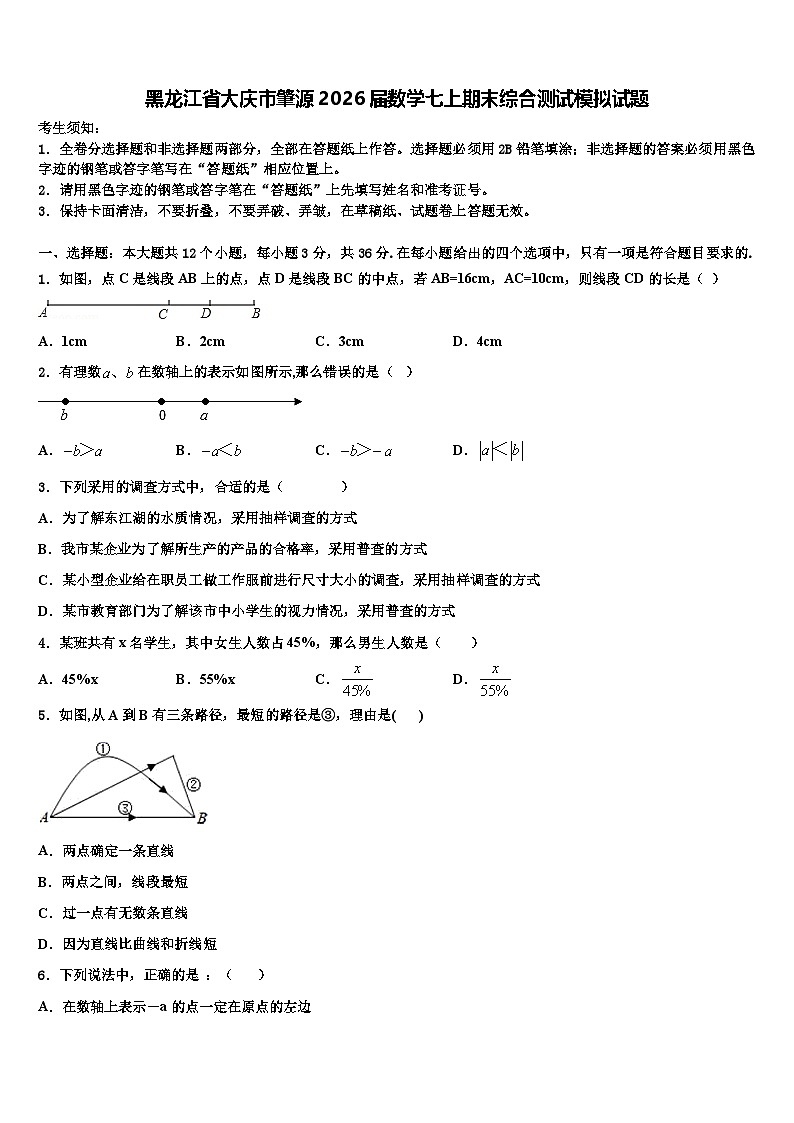 黑龙江省大庆市肇源2026届数学七上期末综合测试模拟试题含解析第1页