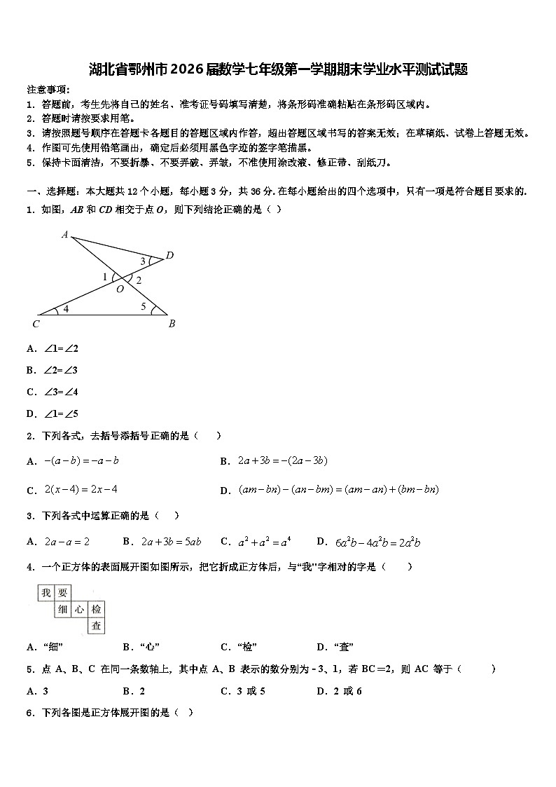 湖北省鄂州市2026届数学七年级第一学期期末学业水平测试试题含解析第1页