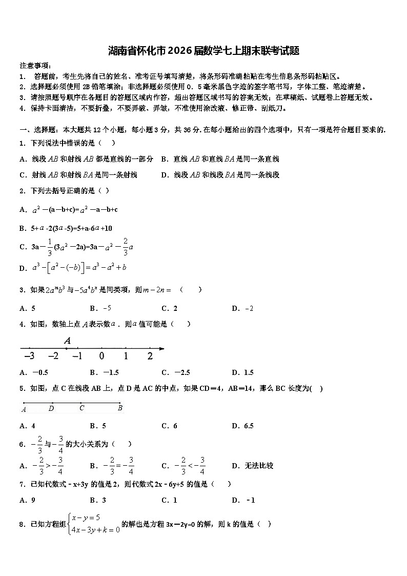 湖南省怀化市2026届数学七上期末联考试题含解析第1页