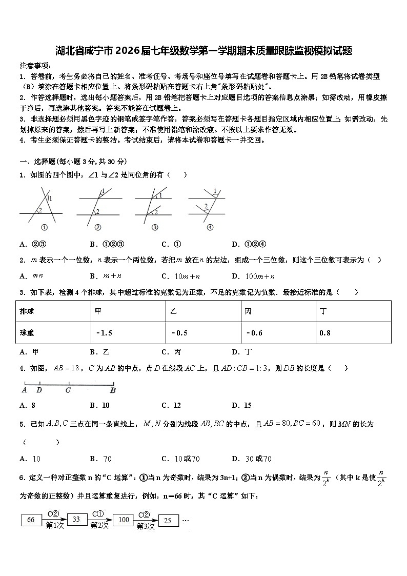 湖北省咸宁市2026届七年级数学第一学期期末质量跟踪监视模拟试题含解析第1页