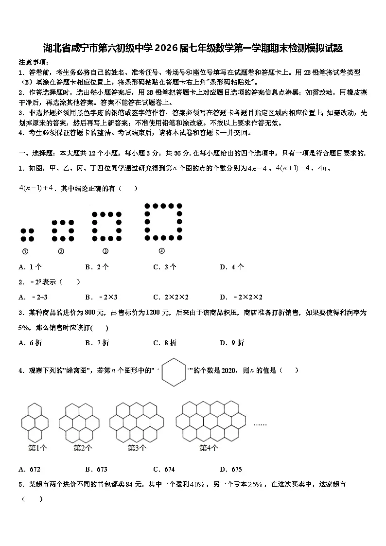 湖北省咸宁市第六初级中学2026届七年级数学第一学期期末检测模拟试题含解析第1页