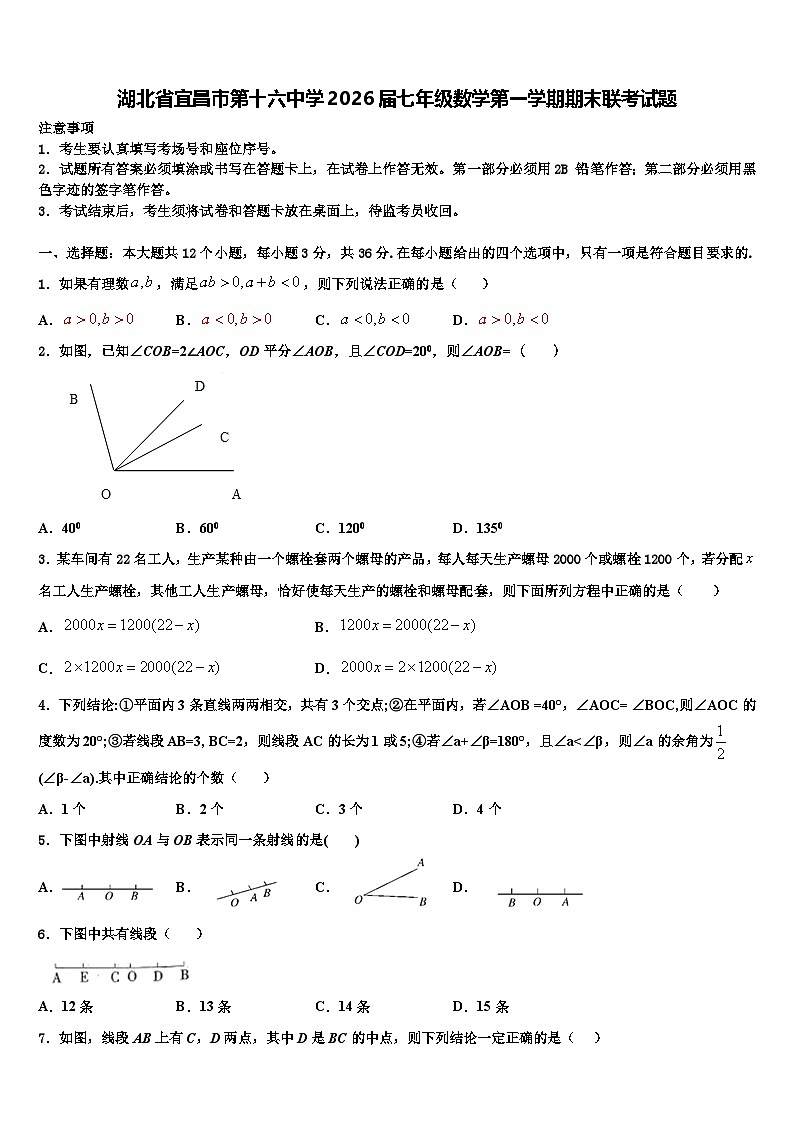 湖北省宜昌市第十六中学2026届七年级数学第一学期期末联考试题含解析第1页