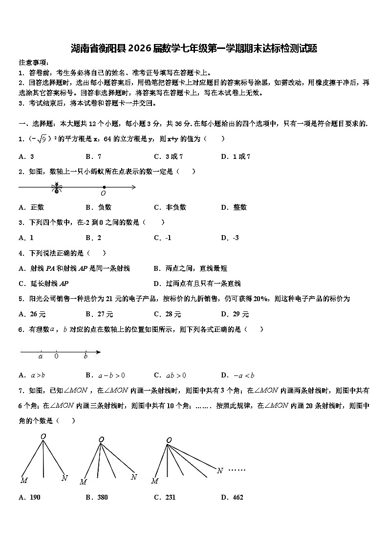 湖南省衡阳县2026届数学七年级第一学期期末达标检测试题含解析第1页