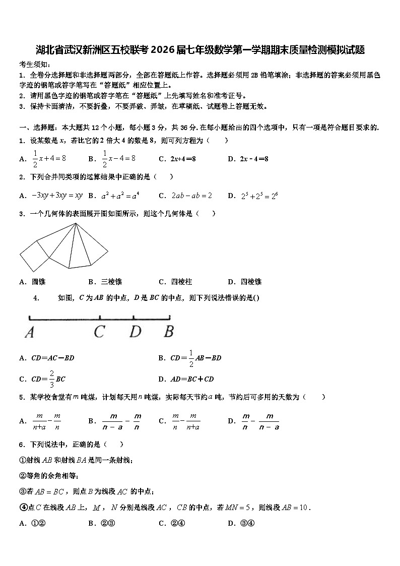 湖北省武汉新洲区五校联考2026届七年级数学第一学期期末质量检测模拟试题含解析第1页