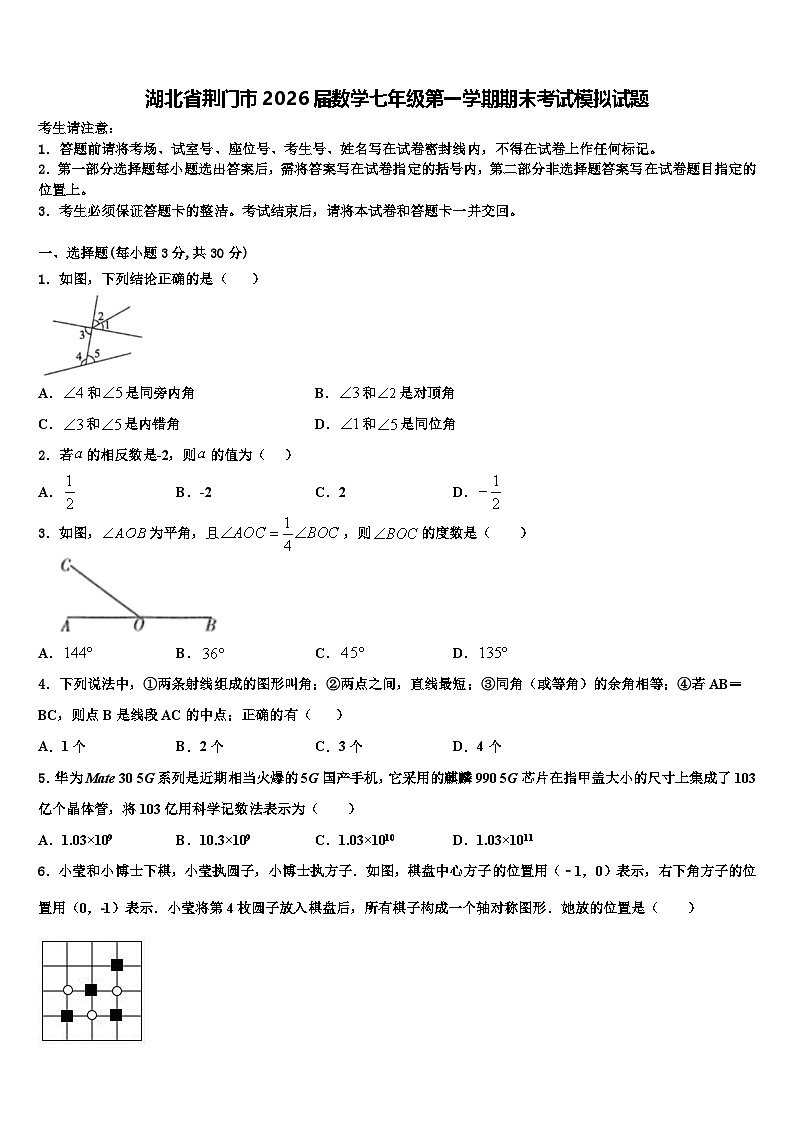 湖北省荆门市2026届数学七年级第一学期期末考试模拟试题含解析第1页