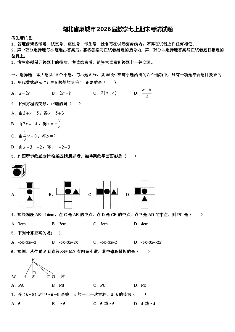 湖北省麻城市2026届数学七上期末考试试题含解析第1页