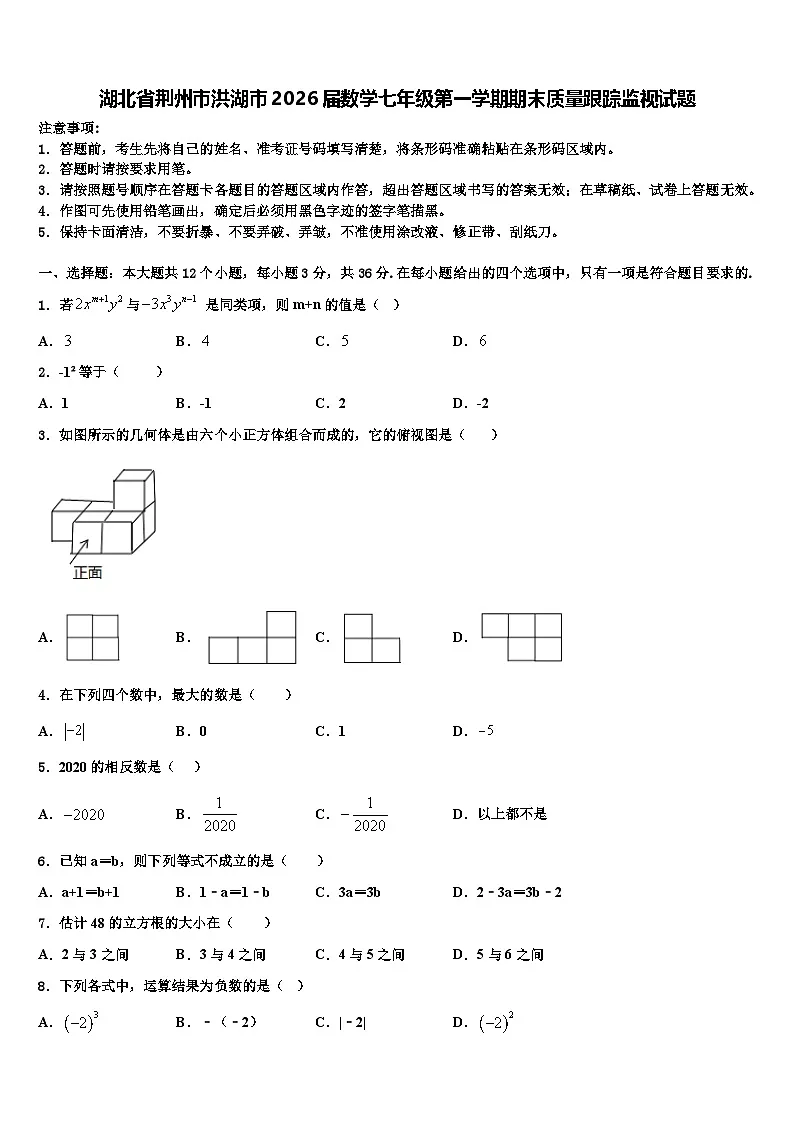 湖北省荆州市洪湖市2026届数学七年级第一学期期末质量跟踪监视试题含解析第1页