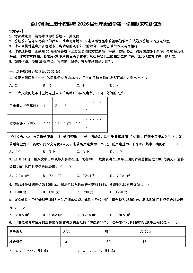湖北省潜江市十校联考2026届七年级数学第一学期期末检测试题含解析第1页
