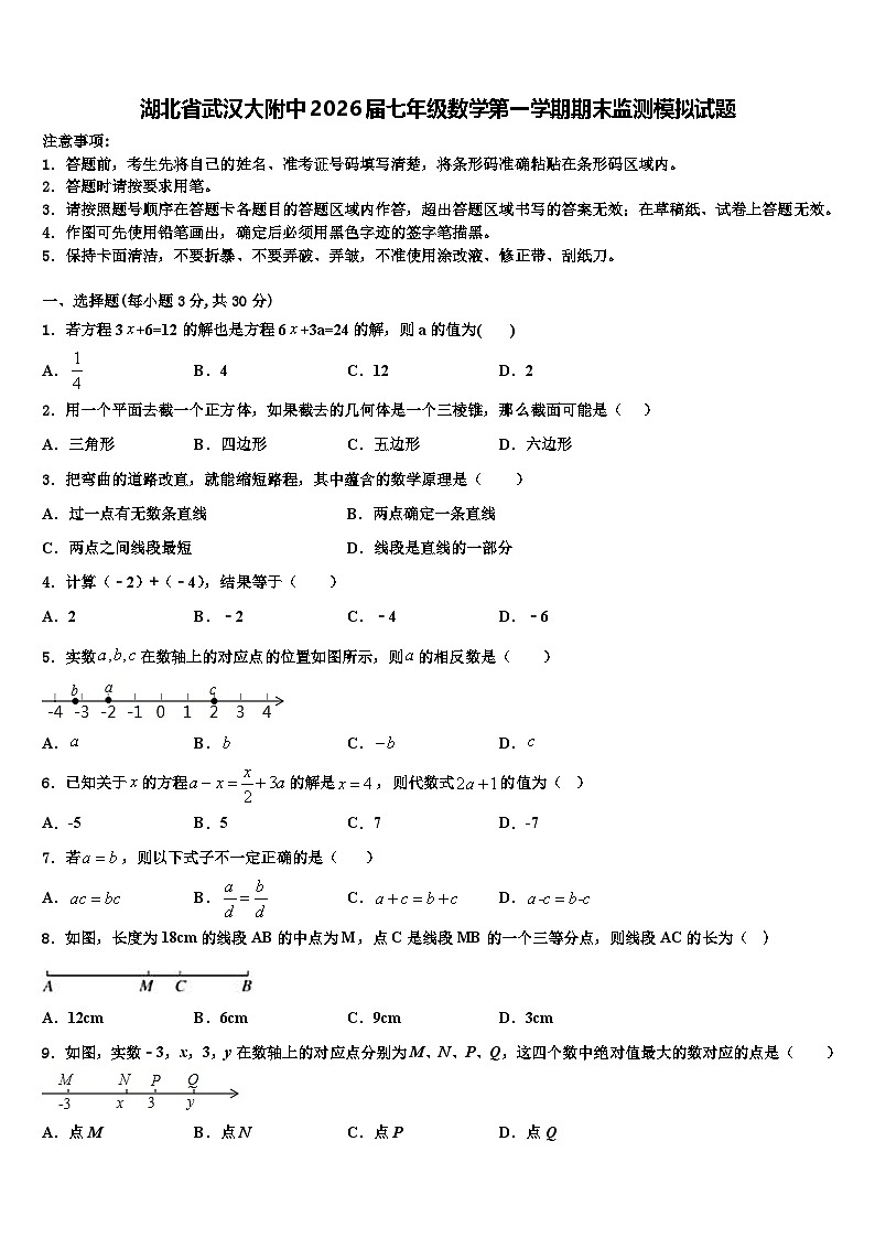 湖北省武汉大附中2026届七年级数学第一学期期末监测模拟试题含解析第1页
