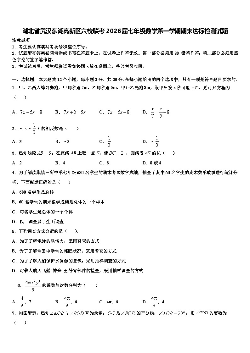 湖北省武汉东湖高新区六校联考2026届七年级数学第一学期期末达标检测试题含解析第1页