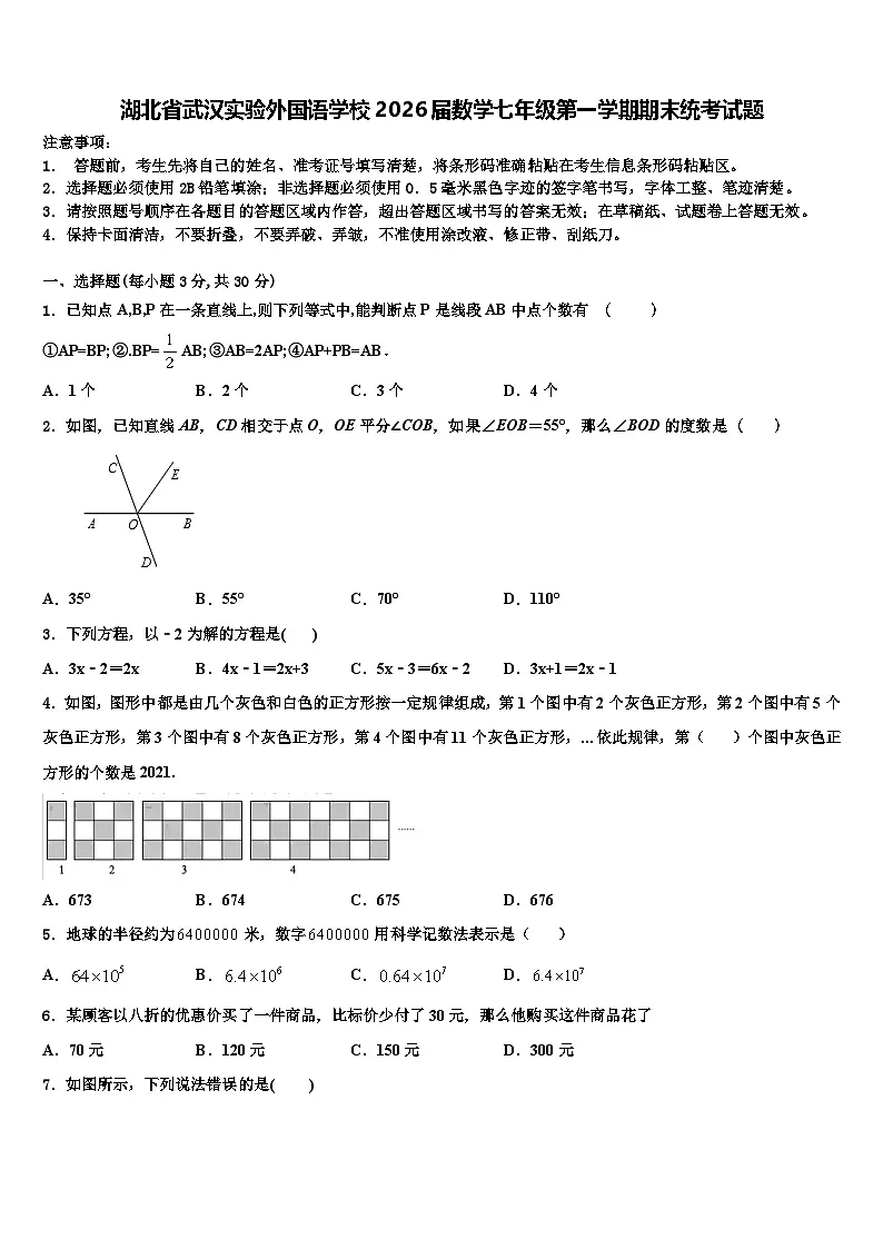 湖北省武汉实验外国语学校2026届数学七年级第一学期期末统考试题含解析第1页