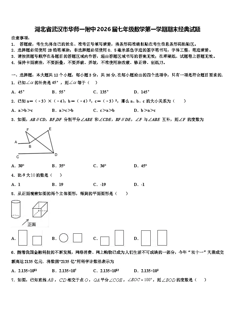 湖北省武汉市华师一附中2026届七年级数学第一学期期末经典试题含解析第1页