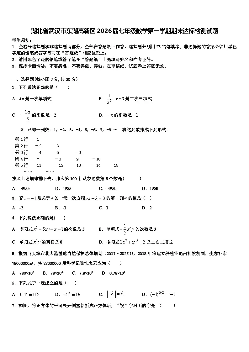 湖北省武汉市东湖高新区2026届七年级数学第一学期期末达标检测试题含解析第1页