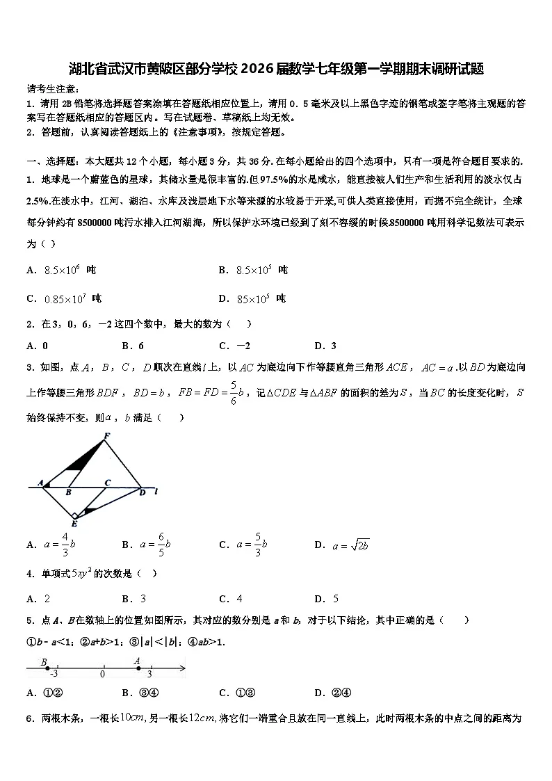 湖北省武汉市黄陂区部分学校2026届数学七年级第一学期期末调研试题含解析第1页