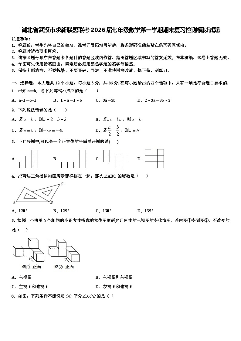 湖北省武汉市求新联盟联考2026届七年级数学第一学期期末复习检测模拟试题含解析第1页