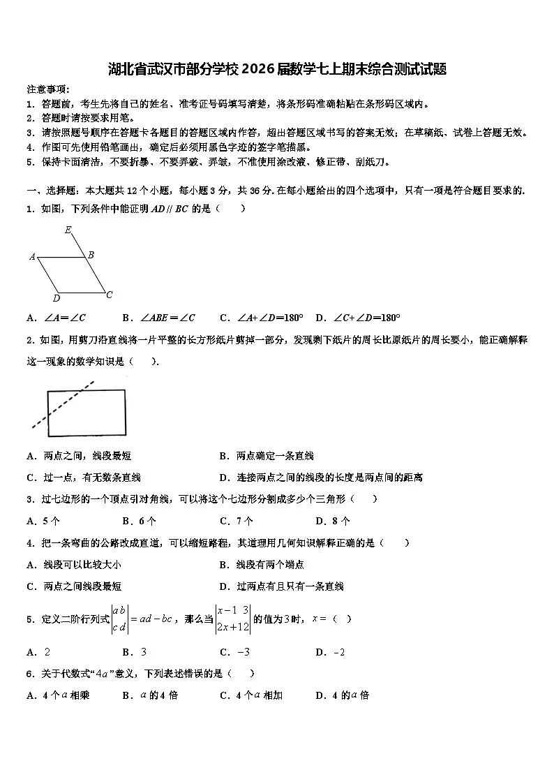 湖北省武汉市部分学校2026届数学七上期末综合测试试题含解析第1页