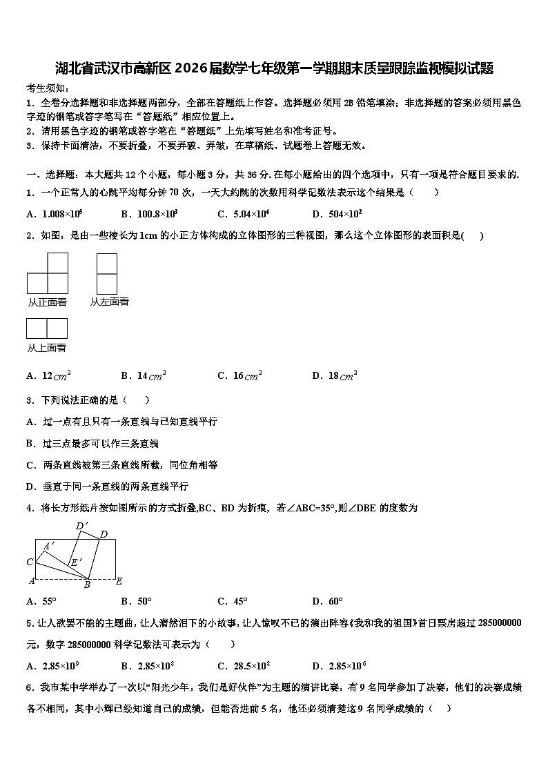 湖北省武汉市高新区2026届数学七年级第一学期期末质量跟踪监视模拟试题含解析第1页