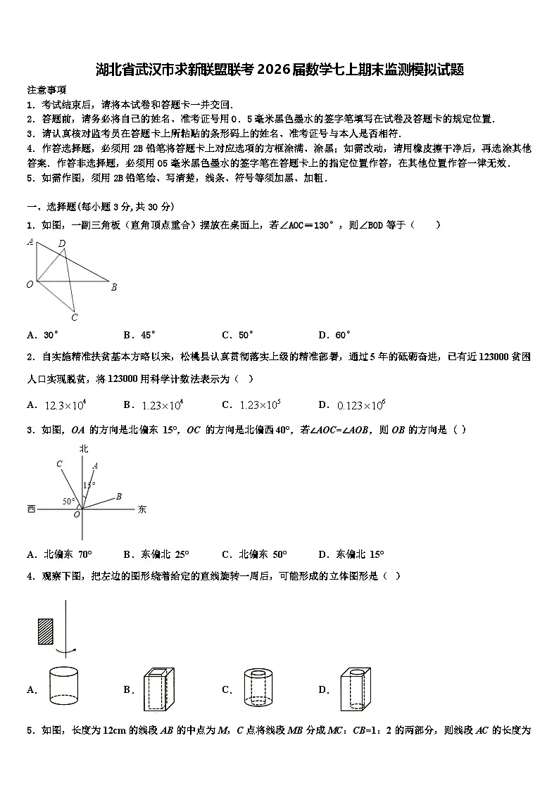 湖北省武汉市求新联盟联考2026届数学七上期末监测模拟试题含解析第1页
