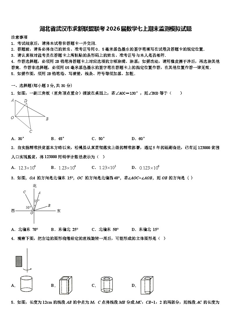 湖北省武汉市求新联盟联考2026届数学七上期末监测模拟试题含解析第1页