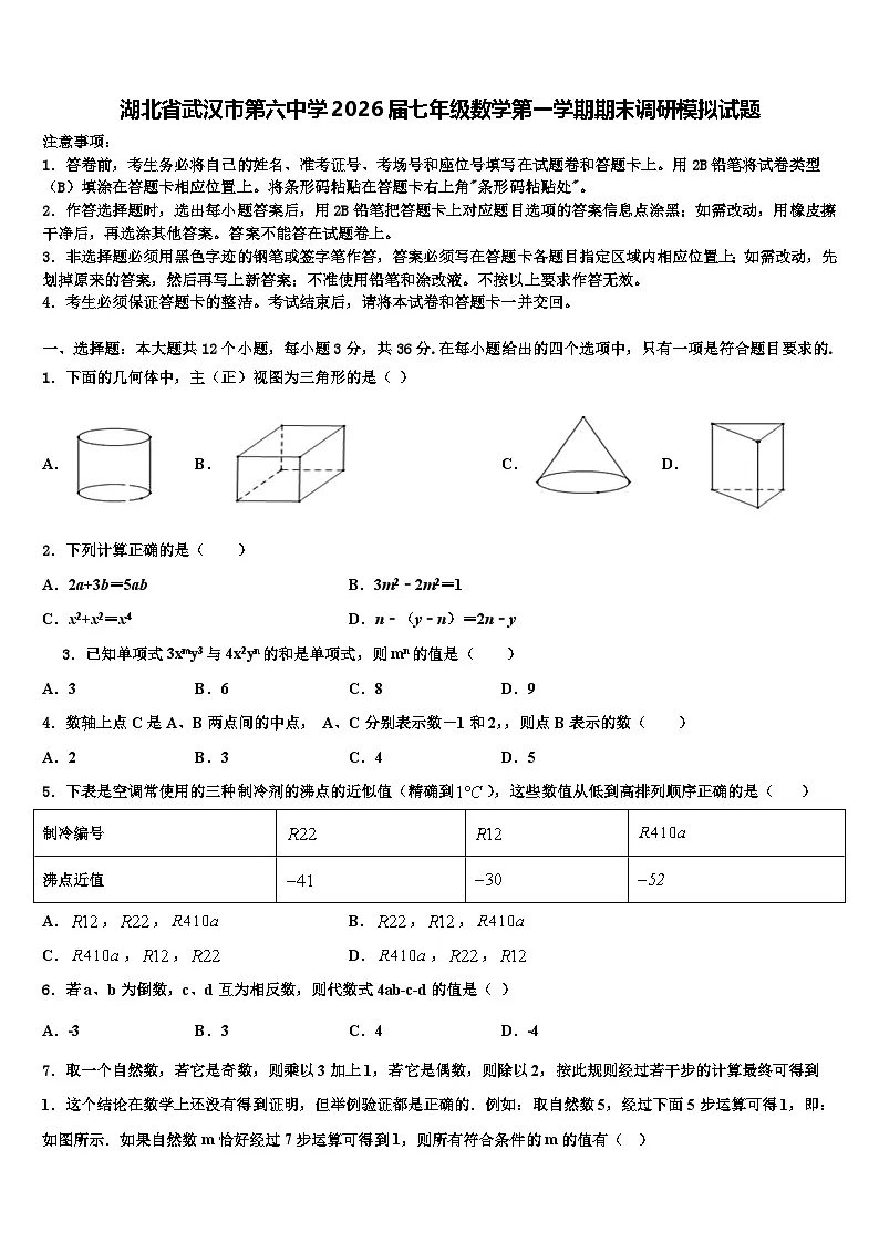 湖北省武汉市第六中学2026届七年级数学第一学期期末调研模拟试题含解析第1页