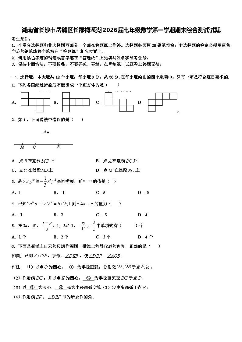 湖南省长沙市岳麓区长郡梅溪湖2026届七年级数学第一学期期末综合测试试题含解析第1页