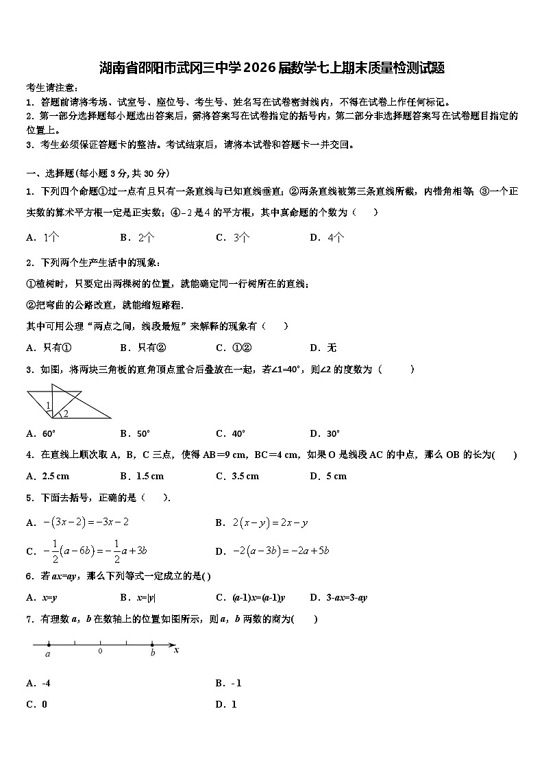 湖南省邵阳市武冈三中学2026届数学七上期末质量检测试题含解析第1页