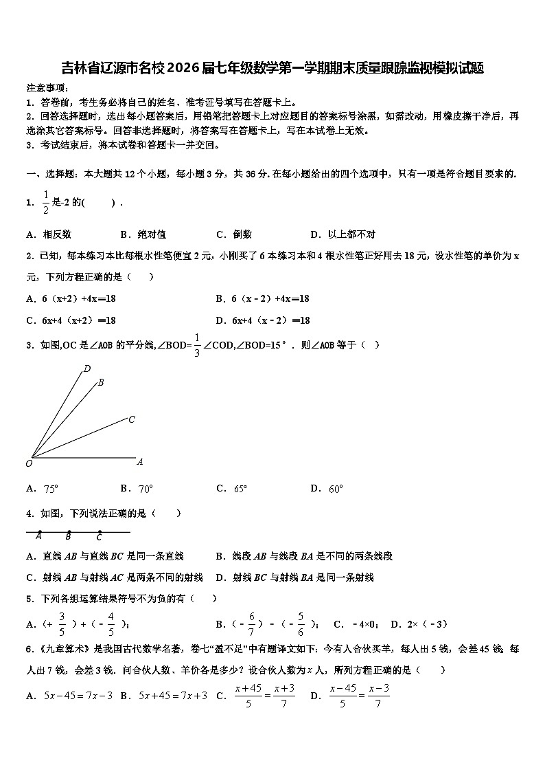 吉林省辽源市名校2026届七年级数学第一学期期末质量跟踪监视模拟试题含解析第1页