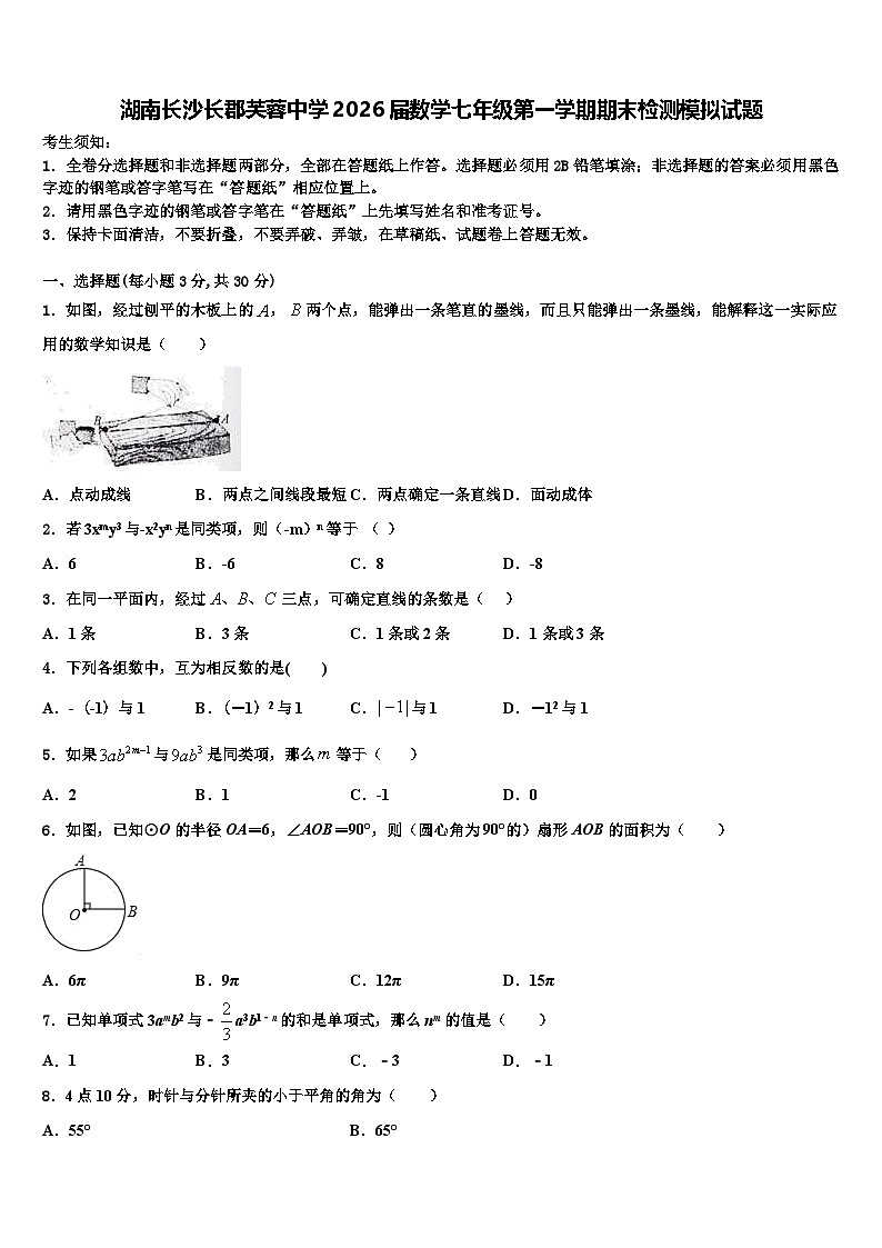 湖南长沙长郡芙蓉中学2026届数学七年级第一学期期末检测模拟试题含解析第1页